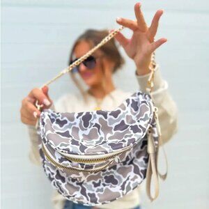 Camo Jungle Nylon Sling Crossbody Bag Adjustable Strap Removable Chain New